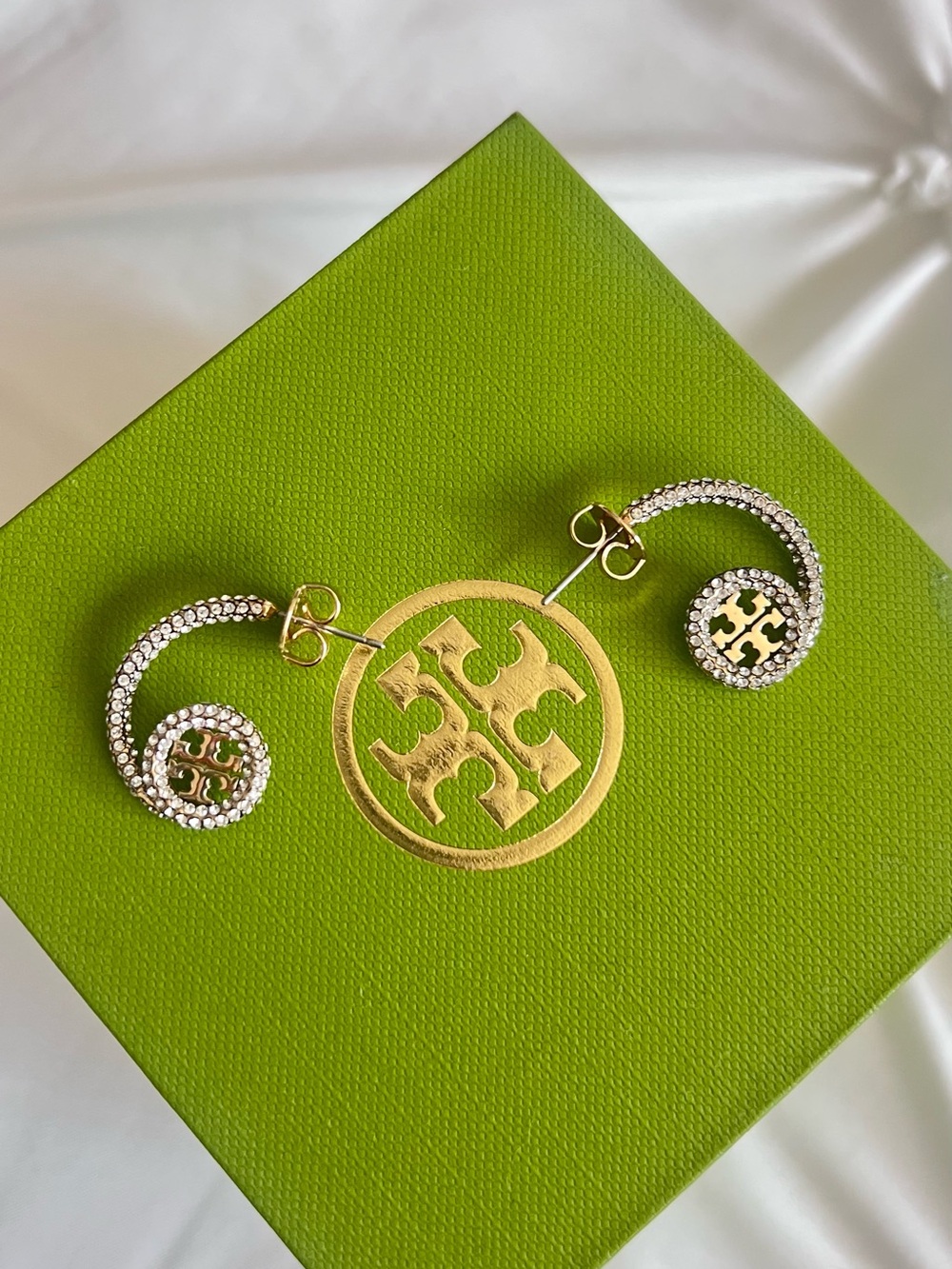 Tory Burch Gold Logo Crystal Crescent Stud Earrings - Picture 3 of 4